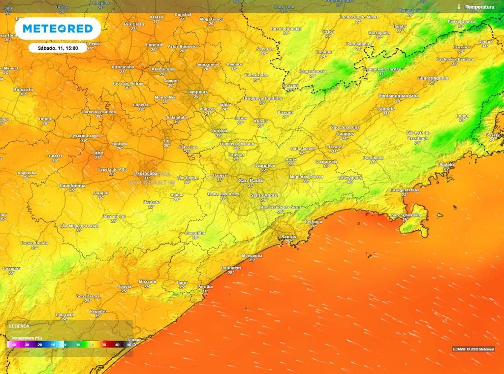 Previsão de temperatura máxima do ar (em °C) para sábado (11) às 15h, segundo o modelo europeu ECMWF.
