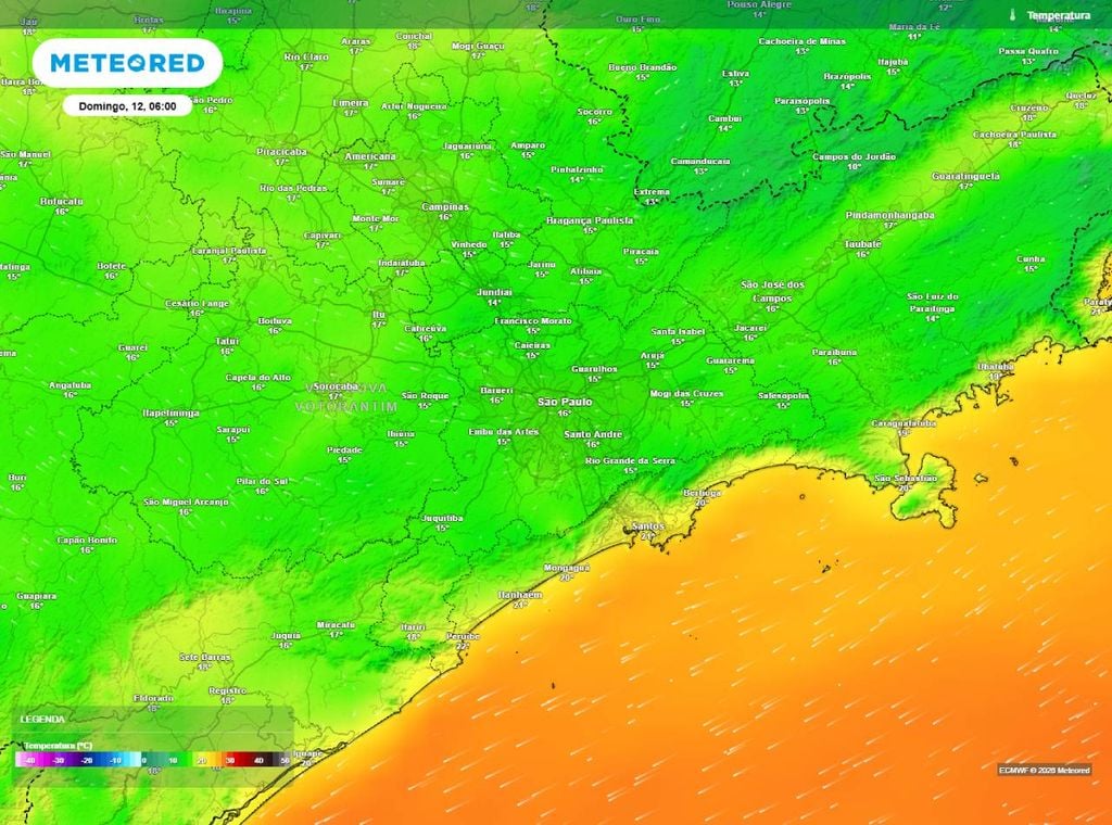 Previsão de temperatura mínima do ar (em °C) para domingo (12) às 6h, segundo o modelo europeu ECMWF.