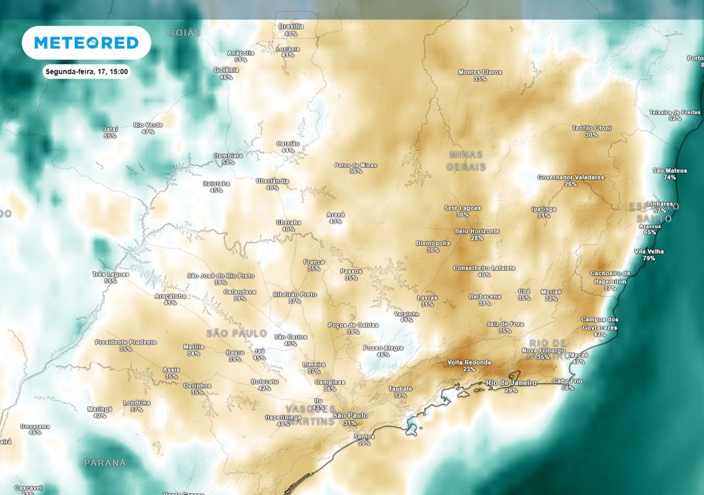 Previsão de umidade relativa mínima nesta segunda-feira durante a tarde. Previsão de umidade relativa mínima nesta segunda-feira durante a tarde.
