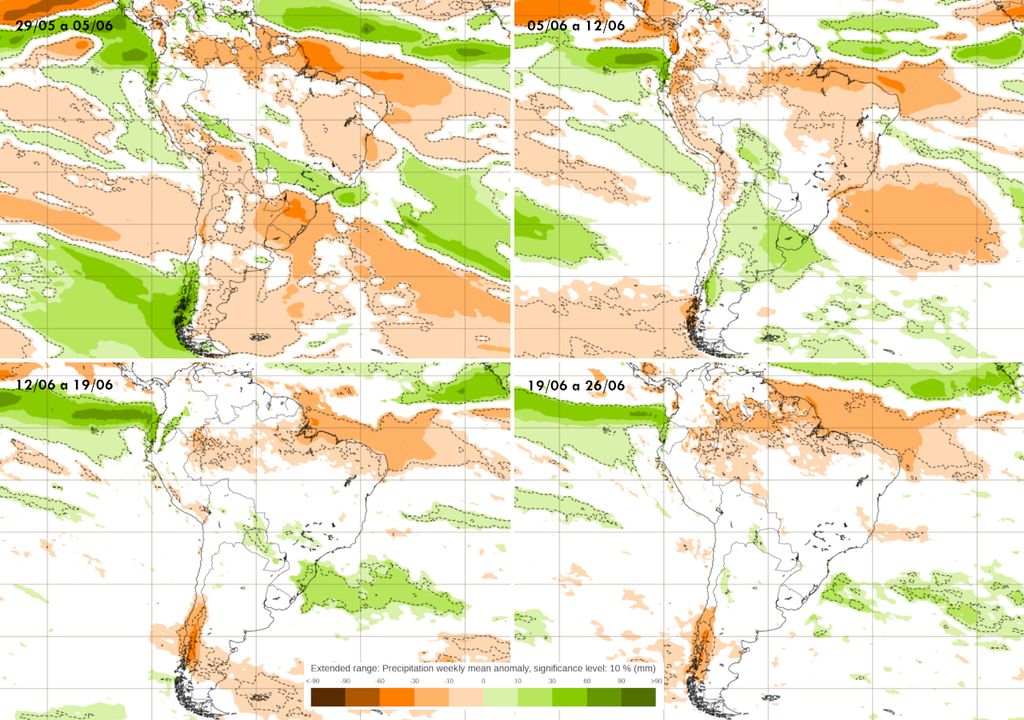 Mapas de previsão semanal de anomalia de chuva do modelo ECMWF para Junho. Mapas de previsão semanal de anomalia de chuva do modelo ECMWF para Junho.