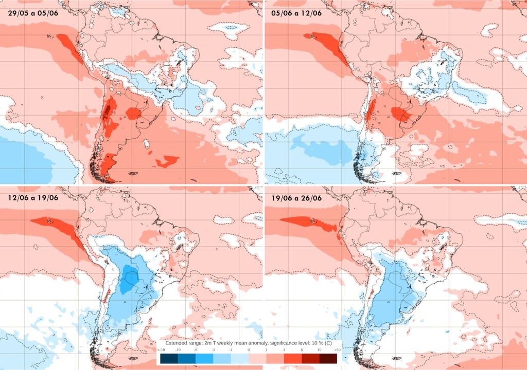 Mapas de previsão semanal de anomalia de temperatura do modelo ECMWF para Junho. Mapas de previsão semanal de anomalia de temperatura do modelo ECMWF para Junho.