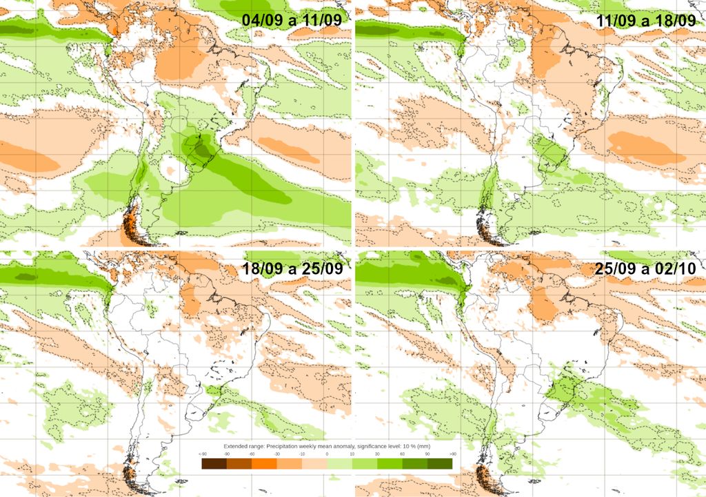 Mapas de previsão semanal de anomalia de chuva do modelo ECMWF para Setembro.