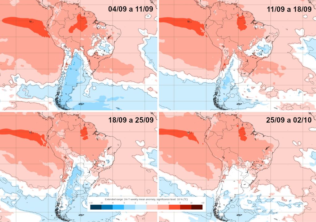 Mapas de previsão semanal de anomalia de temperatura do modelo ECMWF para Setembro.