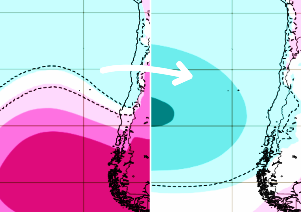 Vuelven las bajas presiones y, con ellas, las lluvias. El cambio de patrón facilitará que los frentes avancen hacia Chile.