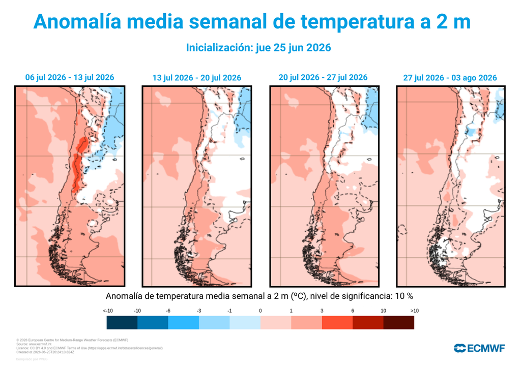 Aunque los frentes llegarán a la zona central y sur, según apunta el Centro Europeo, las temperaturas no descenderían a valores invernales a lo largo de Chile.