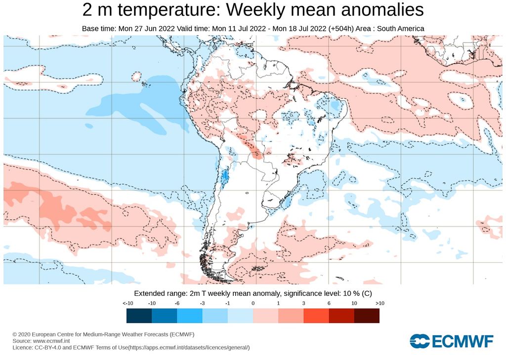 anomalías semanales de temperatura; modelo ECMWF anomalías semanales de temperatura; modelo ECMWF