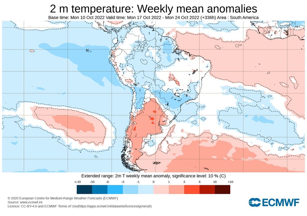 Anomalía de temperatura semanal; modelo ECMWF
