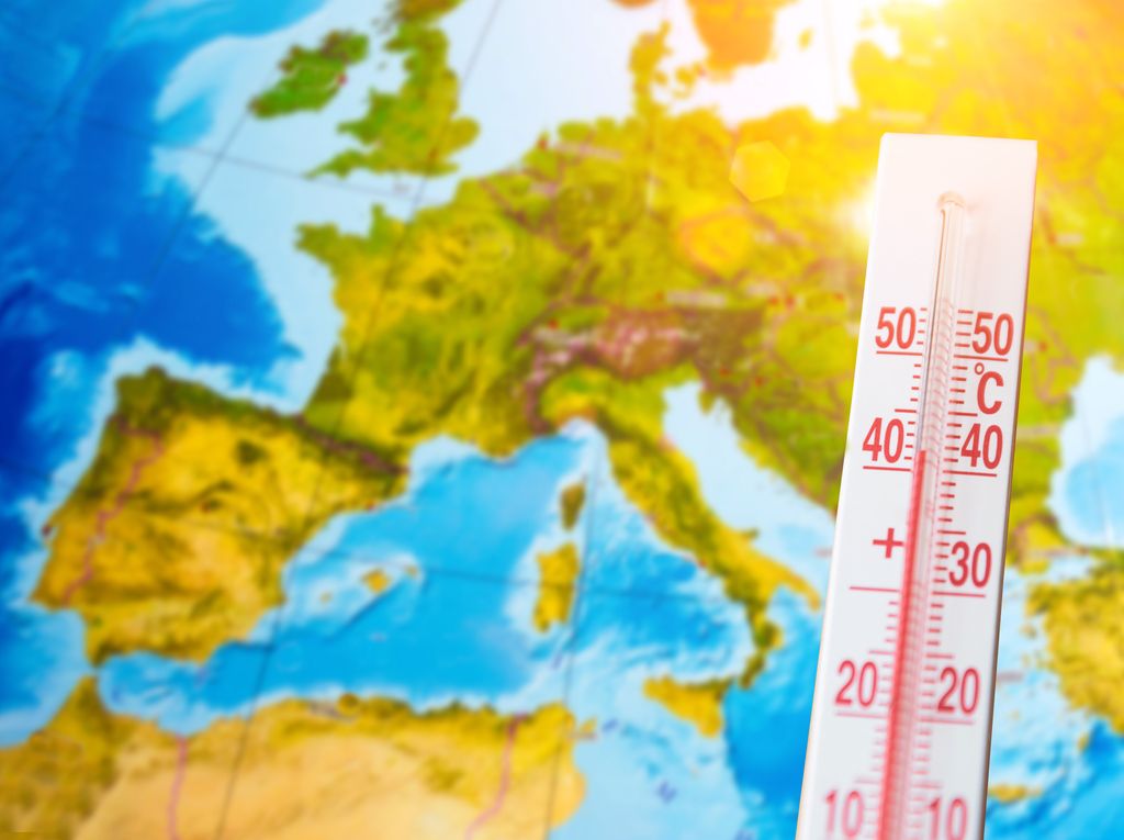 Thermometer with a high temperature of forty degrees Celsius, against the background of continent Europe