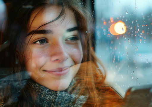 Mujer viendo los cambios de clima por la ventana 