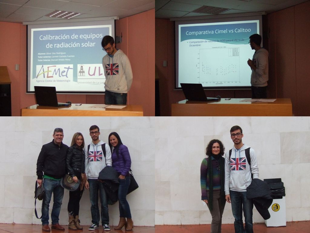 Colaboración Del Ciai Y La Universidad De La Laguna Imágenes de Oliver Díaz Rodríguez durante la presentación de su memoria final de las prácticas externas (arriba). A dicha presentación asistieron sus familiares (abajo de izquierda a derecha): su padre Nao Díaz Acosta, su madre Cristi Rodríguez de la Rosa y su tía Rosi Rodríguez de la Rosa, así como su tutora externa Carmen Guirado Fuentes