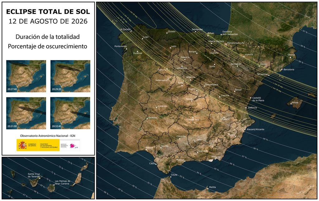 Imagen de la franja en la que será visible el eclipse total, junto con las duraciones de la totalidad. Además, se indica el porcentaje de oscurecimiento en las zonas en las que el eclipse será visible sólo como parcial. Fuente: IGN