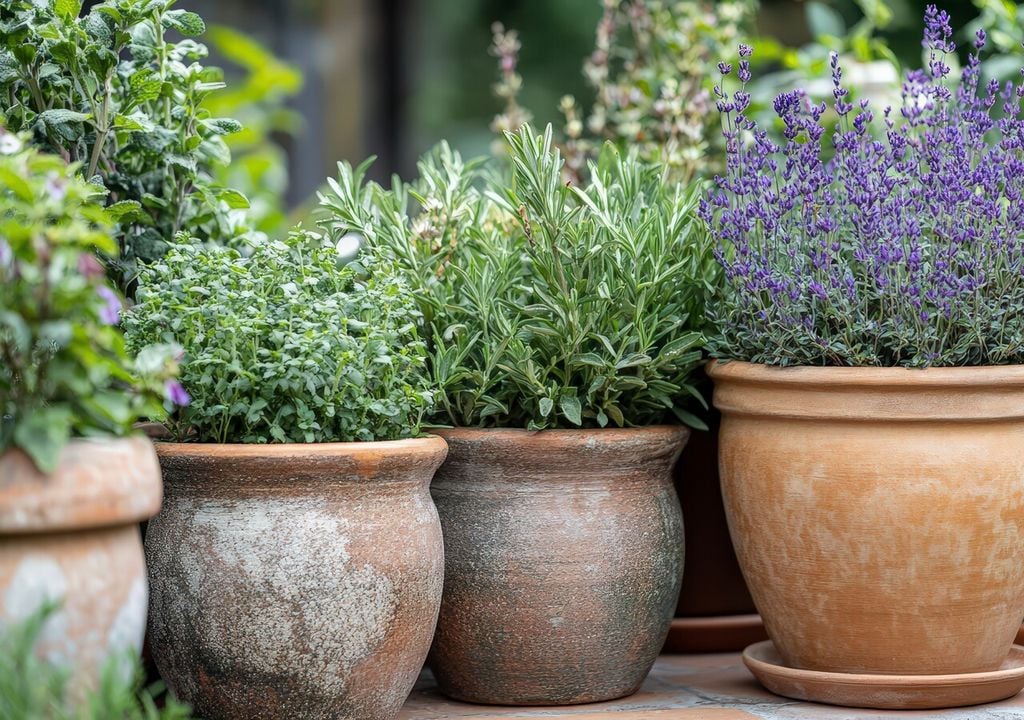 A diferencia de muchas hortalizas, varias aromáticas mantienen su estructura durante el otoño, funcionando como puntos estables dentro del diseño.