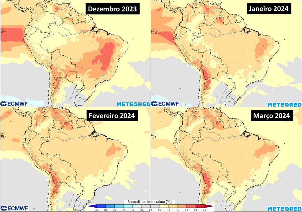 Previsão de anomalia de temperatura para os meses de dezembro de 2023 a março de 2024 pelo modelo ECMWF.