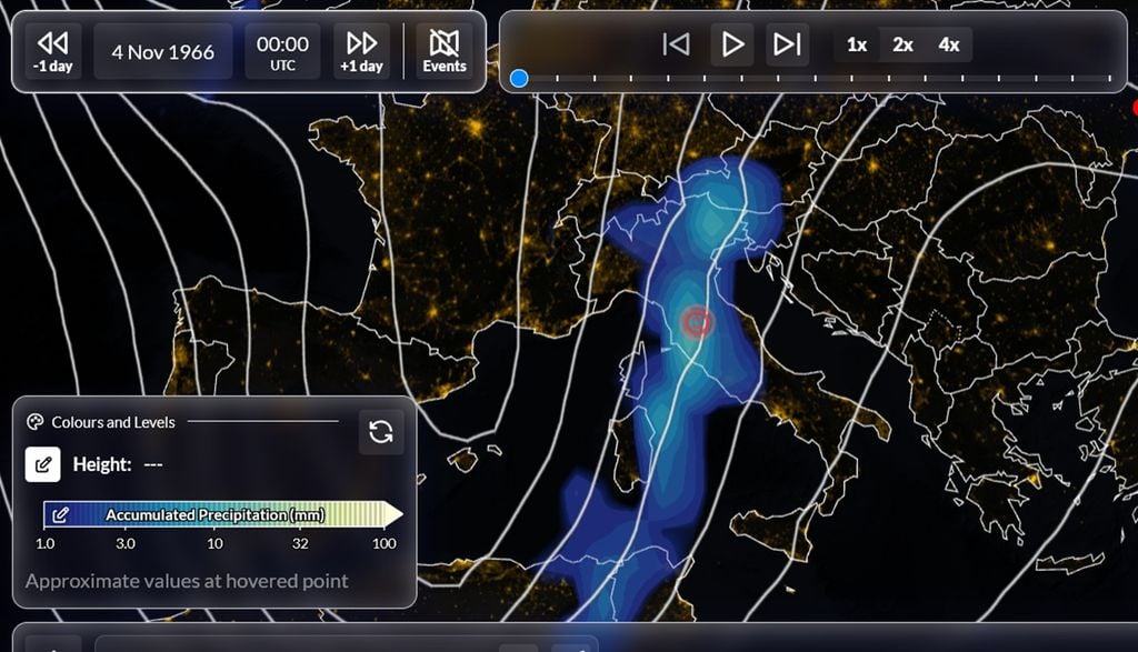 4 novembre 1966 meteo Che tempo faceva sull'Italia il 4 novembre del 1966, giorno della storica alluvione di Firenze e di Venezia grazie al visore di Weather replay.