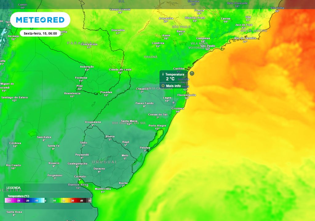 Previsão de temperaturas mínimas na sexta-feira durante a madrugada. Previsão de temperaturas mínimas na sexta-feira durante a madrugada mostra que o frio na região Sul será reforçado por uma nova massa de ar frio, ocasionando geadas pontuais em RS e SC.