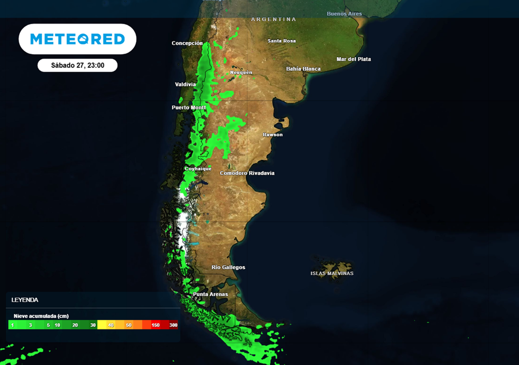 Pronóstico de nieve acumulada para el sábado 27 de junio. Modelo: ECMWF.