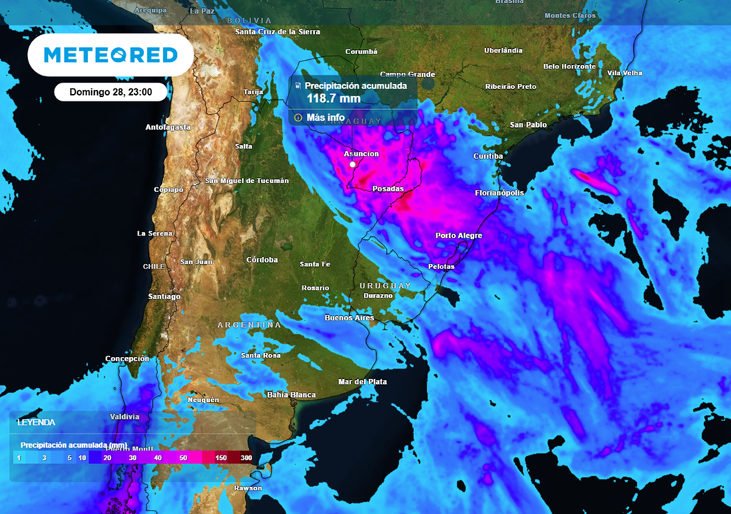 Lluvia acumulada estimada por el modelo ECMWF para el último fin de semana de junio.