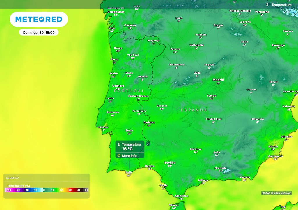 Máximas entre os 12 e os 17 ºC em Portugal Continental.