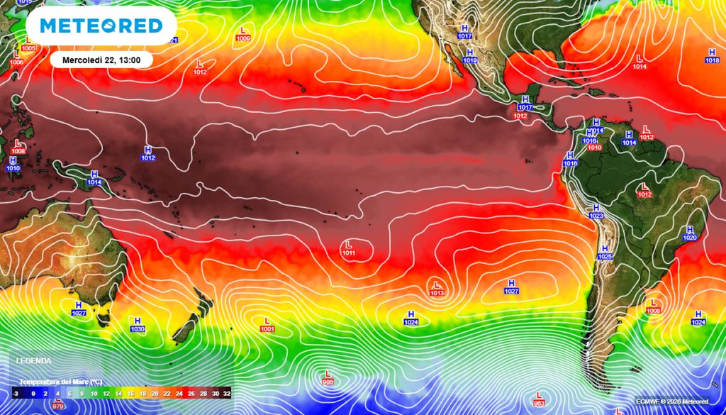 Le temperature superficiali delle acque dell'oceano Pacifico.