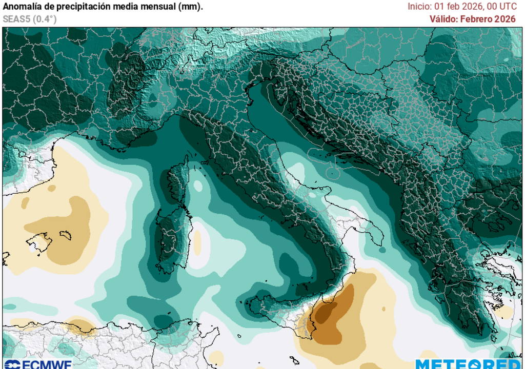 Le precipitazioni attese a febbraio sull'Italia, si nota un surplus notevole, rispetto la media climatologica, in vaste aree del nostro Paese, soprattutto sui settori tirrenici.