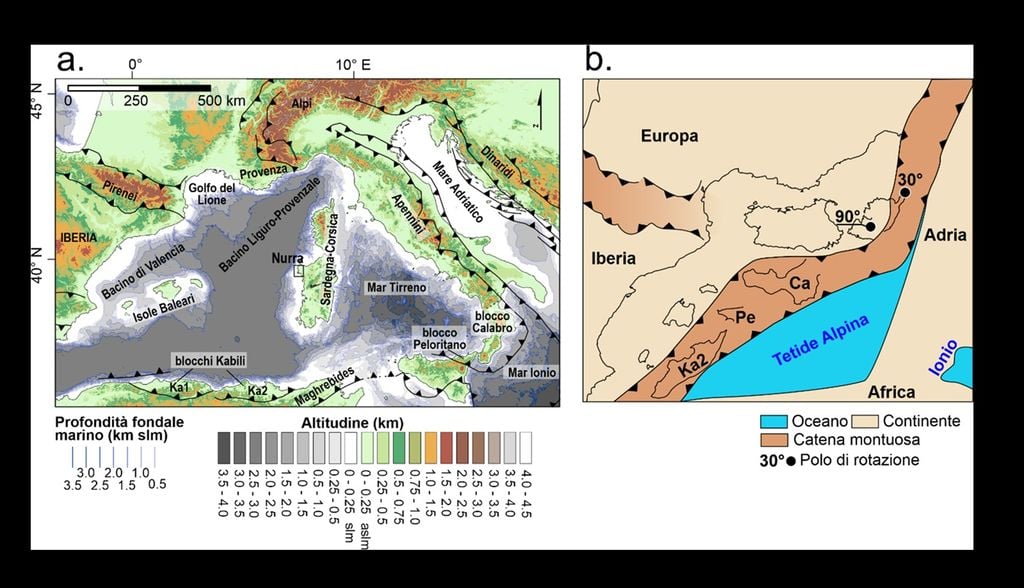 A sinistra, principali elementi tettonici del Mediterraneo centro-occidentale con l'attuale allineamento Nord-Sud di Sardegna e Corsica. A destra il modello paleogeografico proposto a circa 30 milioni di anni fa, dove la Sardegna-Corsica centro meridionale erano allineate in direzione Est-Ovest prima di subire una rotazione di 90° in senso antiorario nel periodo compreso fra 30 e 15 milioni di anni fa.