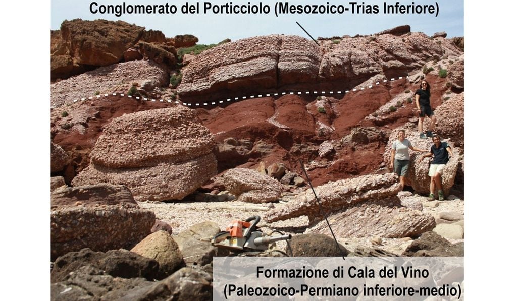 Ricercatori dell’INGV durante le attività di campagna. I ricercatori si trovano in corrispondenza del limite fra Paleozoico e Mesozoico. La formazione rocciosa inferiore (Formazione di Cala del Vino) è del Permiano Inferiore-Medio (ca. 270 milioni di anni), mentre la formazione superiore (Conglomerato del Porticciolo) è del Triassico Inferiore (ca. 250 milioni di anni).