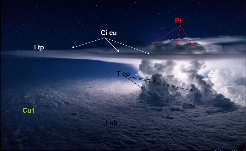 Tormenta de gran desarrollo vertical sobre el Oceáno Pacífico, en el sur de Panamá. Autor Santiago BorjaAbreviaturas: I nb, Inversión de niveles bajos; I tp, Inversión de la tropopausa; Ci cu, Cirros cumulogénitus; Cu1, Zona de cúmulos; T co, Torreones convectivos; Pt, Protuberancias convectivas que superan la tropopausa