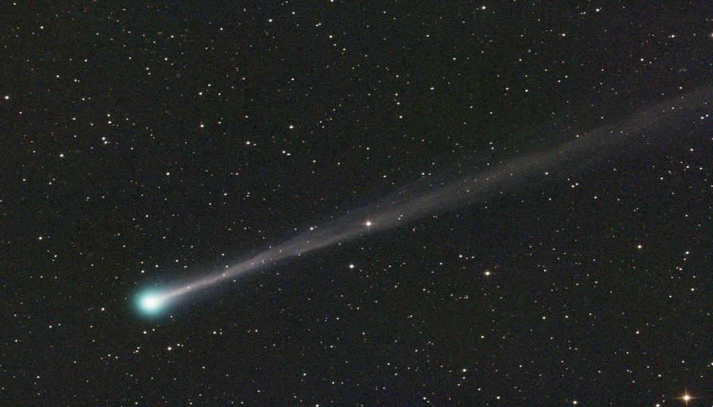 C/2025 R3 (PanSTARRS) fotografata da Dimitrios Katevainis dall'isola di Creta l'8 Aprile 2026. E' stato ultilizzato un telescopio GSO N203/800 con correttore di coma TS GPU, Touptek 294C-Pro, filtro UVIR. 30x30s. Credit: Dimitrios Katevainis
