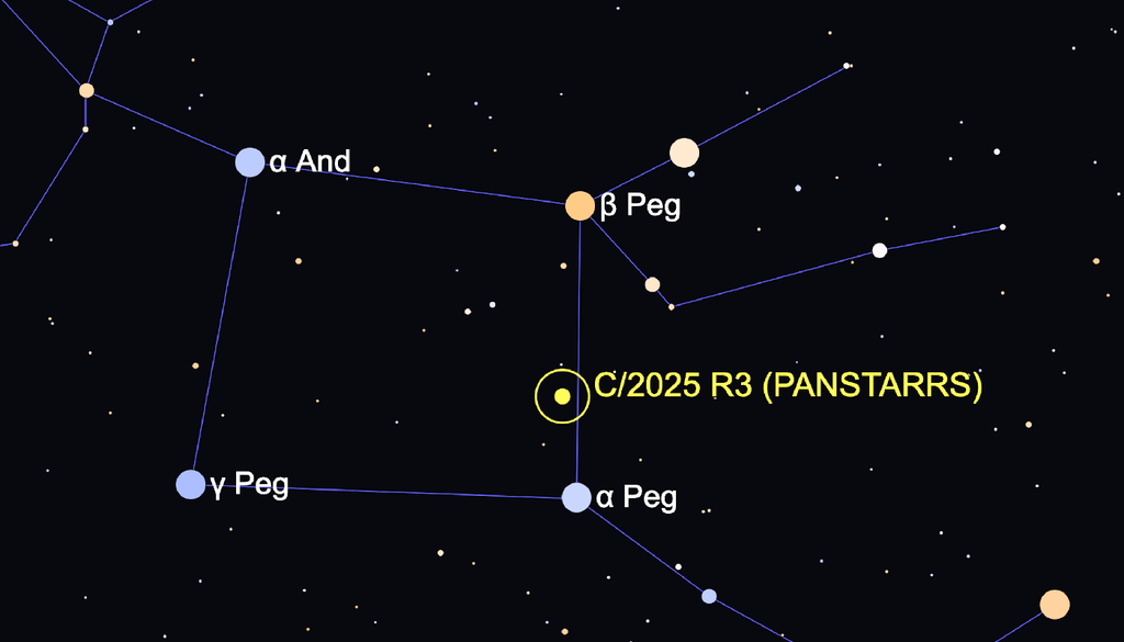 Attuale posizione apparente della cometa all'interno della costellazione del Pegaso. Credit: https://theskylive.com/c2025r3-info?lang=it