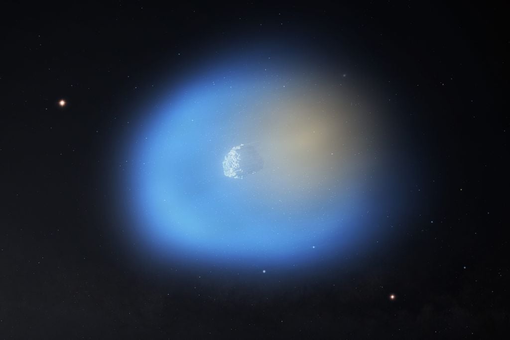 Ilustración del cometa 3I/ATLAS mientras pasa cerca del Sol, iluminando uno de sus lados. En el lado más cercano al Sol, el gas metanol se muestra en azul, con granos de polvo helado aún presentes. En el lado oscuro del cometa, el cianuro de hidrógeno se muestra en naranja. Crédito: NSF/AUI/NSF NRAO/M.Weiss