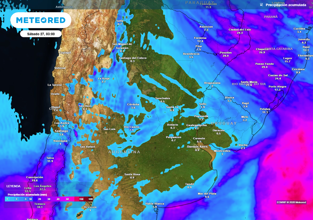 Pronóstico, Clima, Tiempo, Argentina, Ola de Frío, Heladas, Invierno, Aire Polar, Temperaturas, Servicio Meteorológico Nacional, Misiones, Tormentas, Viento, Ráfagas, Agro Acumulados de lluvia previstos hasta el próximo sábado según nuestro modelo de referencia ECMWF