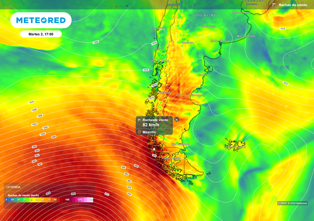 Mapa de ráfagas de viento.