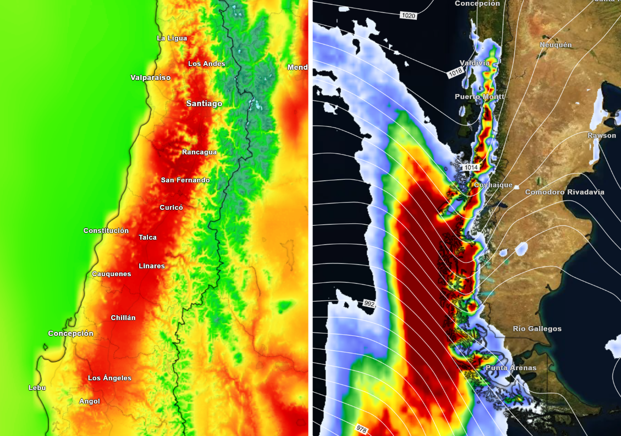 A la izquierda, el modelo resalta el aumento de temperaturas en la zona central, donde las máximas podrían superar los 30 °C. A la derecha, el mapa muestra las áreas con mayor probabilidad (rojo) de precipitaciones entre el sur y la Patagonia para este comienzo de semana.