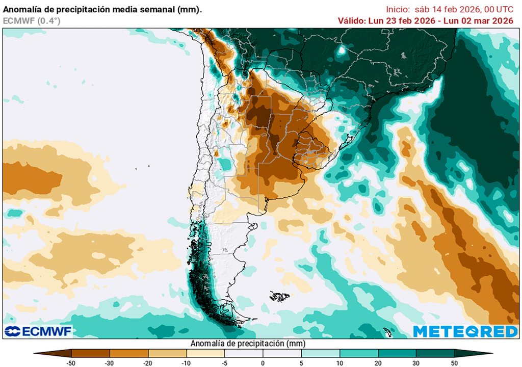 Lluvia, Temperatura, Clima, Pronóstico, Tiempo, Argentina, Pampeana, Agricultura, Ganadería, Agro, Agropecuaria, Buenos Aires, Córdoba, Santa fe Anomalía de lluvias previstas para la última semana de febrero según los mapas propios basados en el modelo ECMWF.