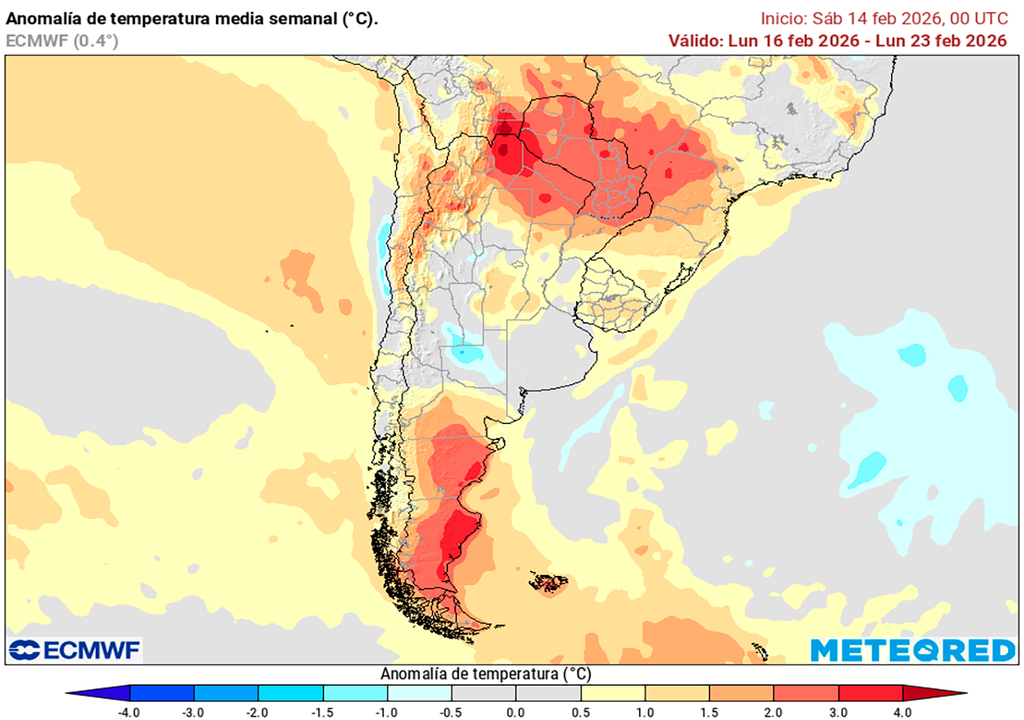 Lluvia, Temperatura, Clima, Pronóstico, Tiempo, Argentina, Pampeana, Agricultura, Ganadería, Agro, Agropecuaria, Buenos Aires, Córdoba, Santa fe Anomalía de temperaturas previstas para la tercera semana de febrero según los mapas propios basados en el modelo ECMWF.