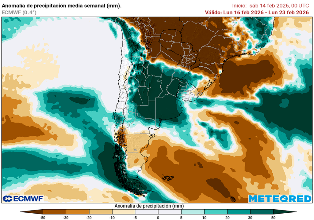 Lluvia, Temperatura, Clima, Pronóstico, Tiempo, Argentina, Pampeana, Agricultura, Ganadería, Agro, Agropecuaria, Buenos Aires, Córdoba, Santa fe Anomalía de lluvias previstas para la tercera semana de febrero según los mapas propios basados en el modelo ECMWF.