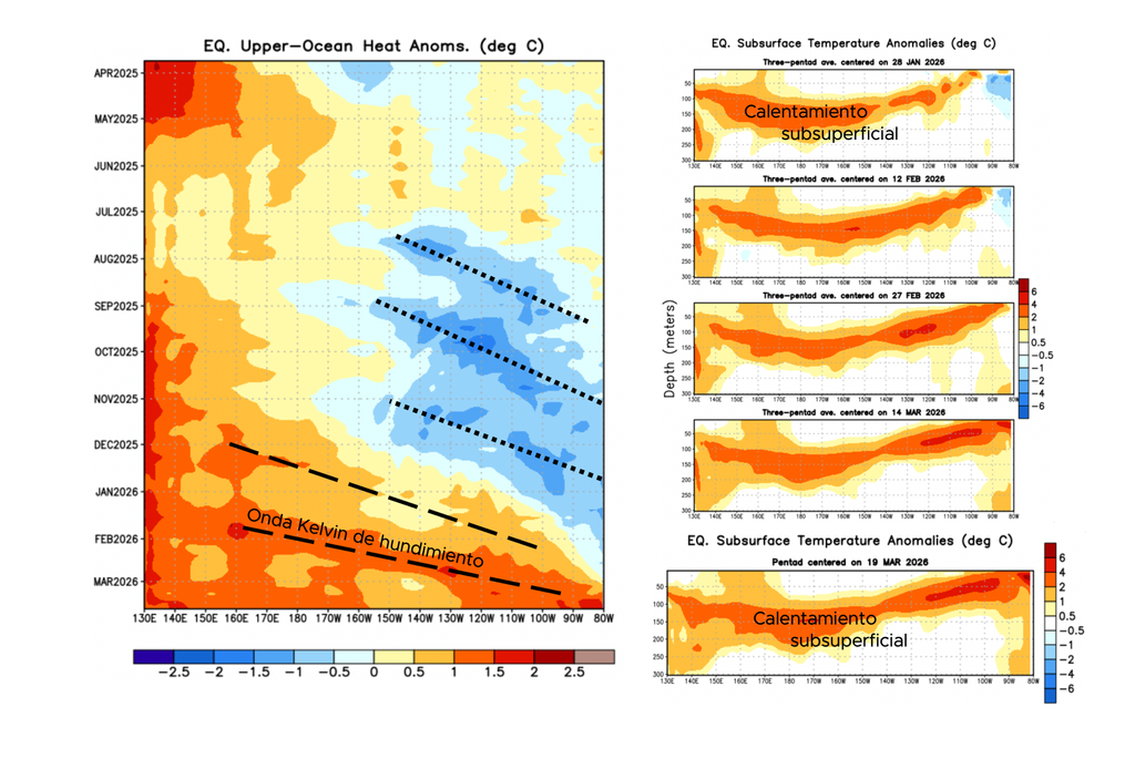 Kelvin waves Izquierda: Anomalías de contenido de calor en el océano superior del Pacífico ecuatorial. Derecha: Anomalías de temperatura del mar subsuperficial. Fuente NOAA-CPC.