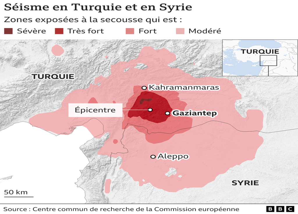 Le tremblement de terre s'est montré le plus fort en Turquie ainsi qu'à la frontière avec la Syrie.