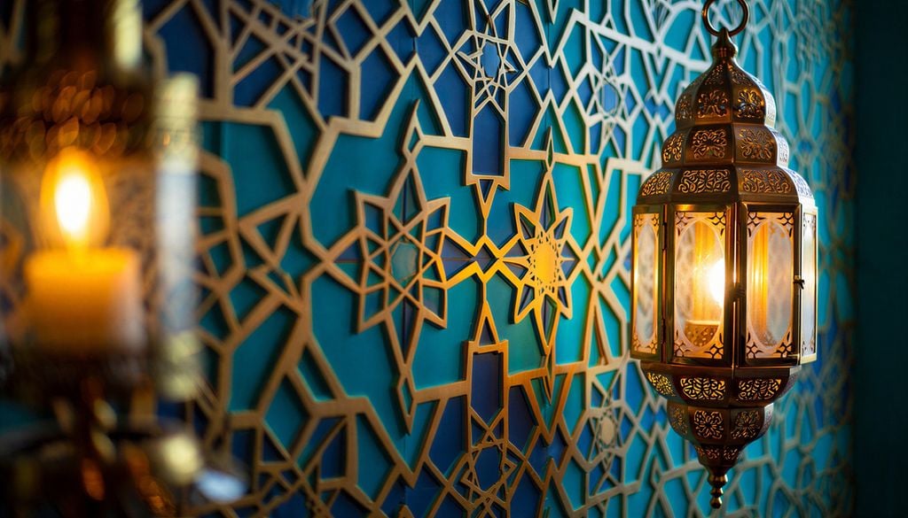 Une lanterne en fer forgé et des motifs géométriques caractéristiques du style marocain. Une lanterne en fer forgé et des motifs géométriques caractéristiques du style marocain.