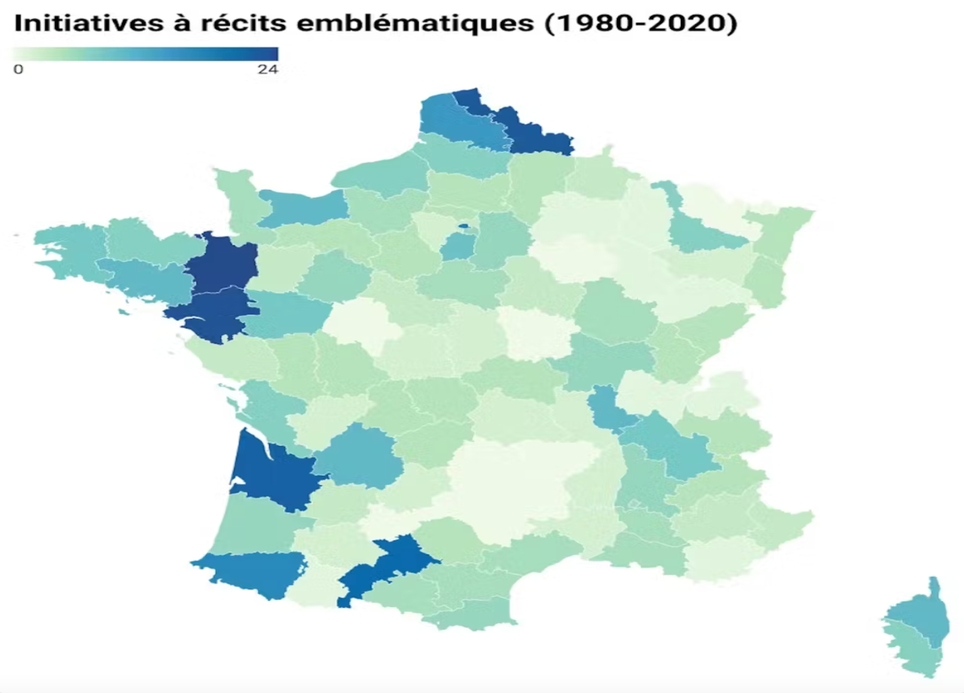 Carte de France hexagonale en fonction du nombre de récits emblématiques identifiés. Ademe, 2025, Fourni par l'auteur.
