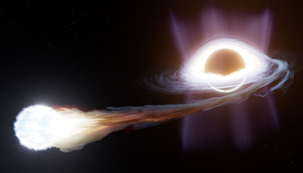 Um evento de disrupção de maré pode atingir luminosidade superior à de uma galáxia inteira, mas o motivo de eles serem tão diferente ainda não é completamente compreendido. Crédito: Ralf Crawford (STScI)