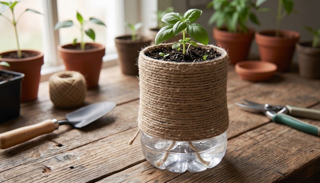 plantas Enrollar e ir pegando hilo sisal o soga alrededor del envase oculta el plástico y combina perfectamente con el follaje.