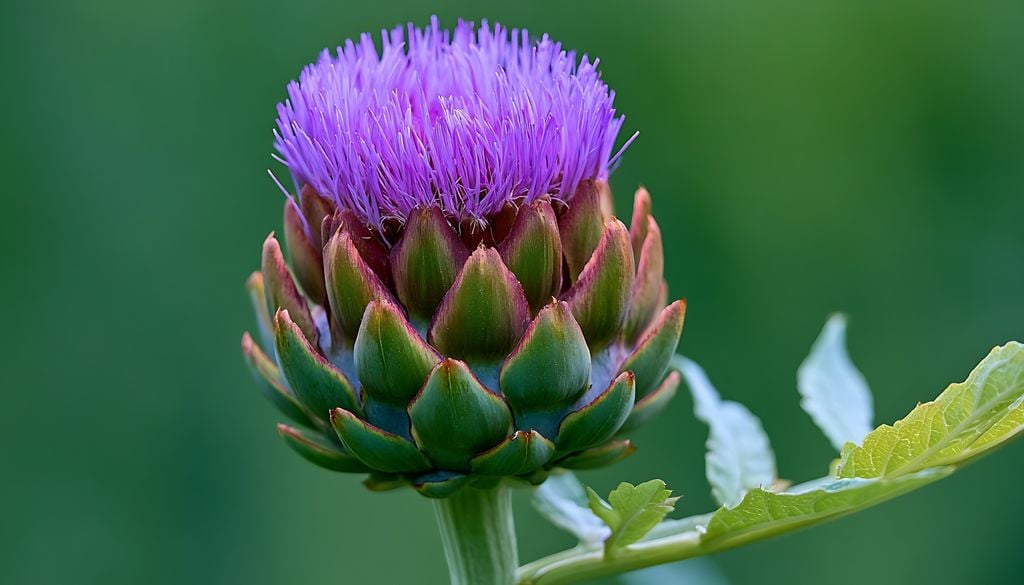 plantas Si se deja madurar, el alcaucil abre sus brácteas y desarrolla una llamativa flor de color violeta.