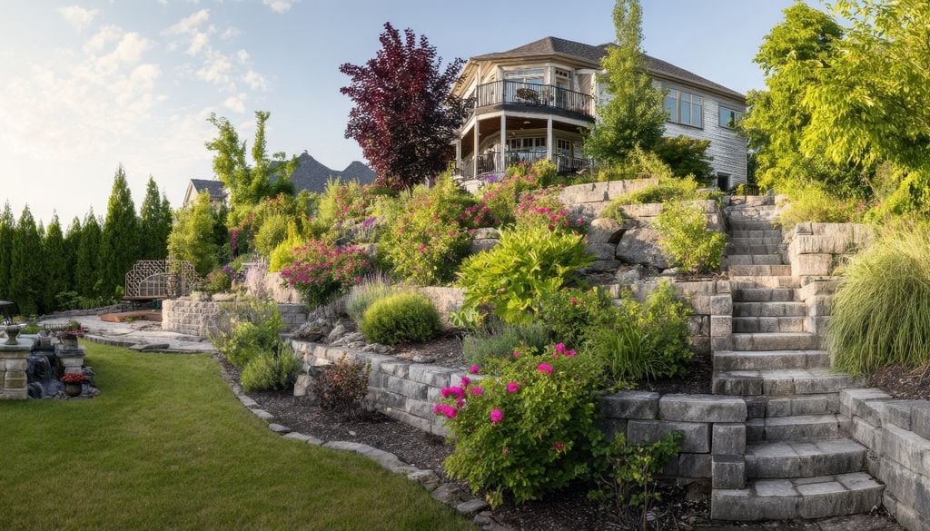 En jardines en desnivel, cada terraza puede tener su propio uso y estilo de plantación.