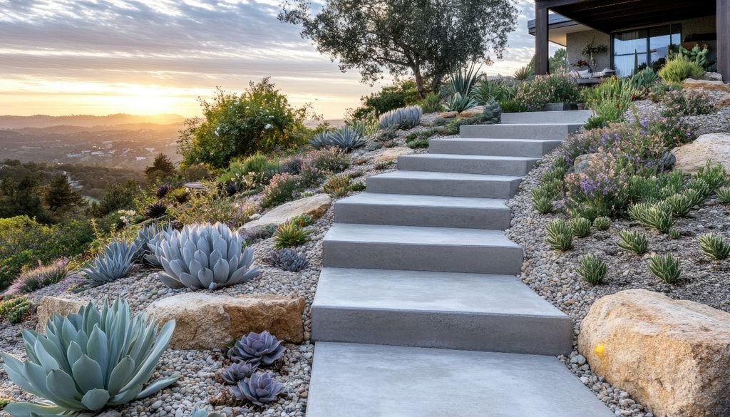 En terrenos inclinados, los senderos también ayudan a dirigir el agua y evitar escurrimientos descontrolados.