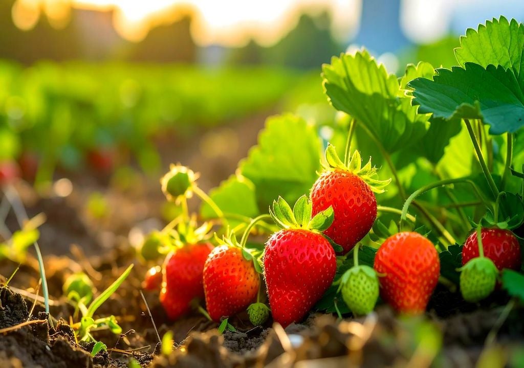 Fresas plantadas en un jardín Fresas plantadas en un jardín