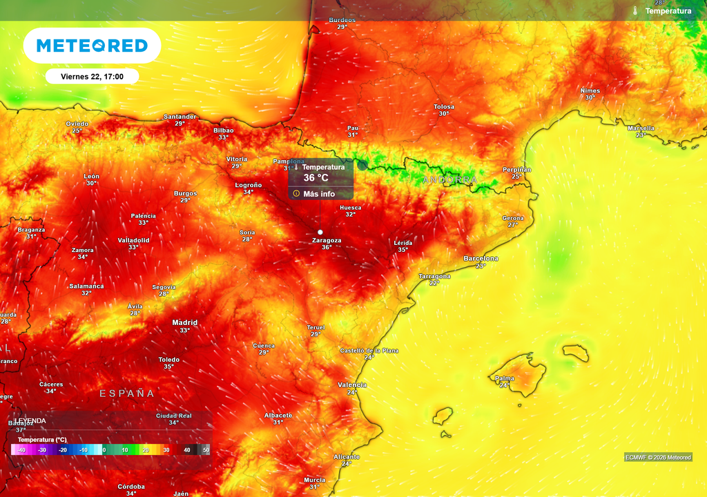Temperaturas máximas El viernes 22, Zaragoza podría alcanzar unos valores máximos de temperatura inusualmente muy elevados para un mes de mayo.