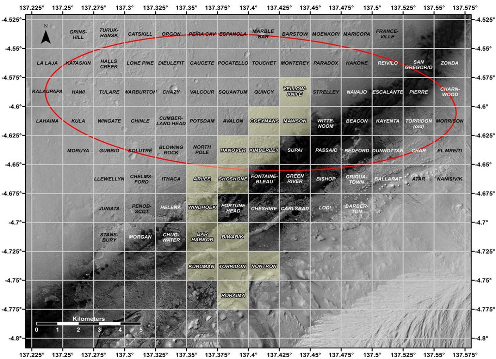 Marte, quadrantes, nomes, rover Curiosity, trajetória