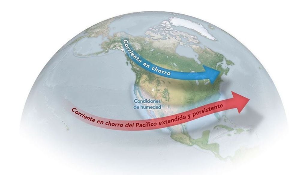 El Niño suele alterar la corriente en chorro del Pacífico, extendiéndola hacia el este, haciéndola más persistente y llevando condiciones más lluviosas al oeste de Estados Unidos y México. Fuente: Ilustración del Observatorio de la Tierra NASA.