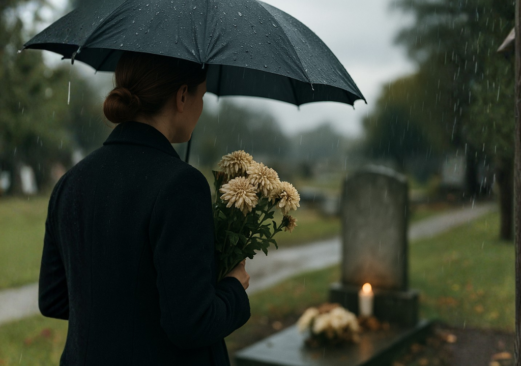persona en un cementerio en día de lluvia persona en un cementerio en día de lluvia